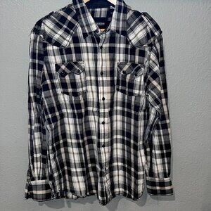 INDIGO STAR Embroidered Black Plaid Pearl Snap Shirt - Steer Head Back - Men's L
